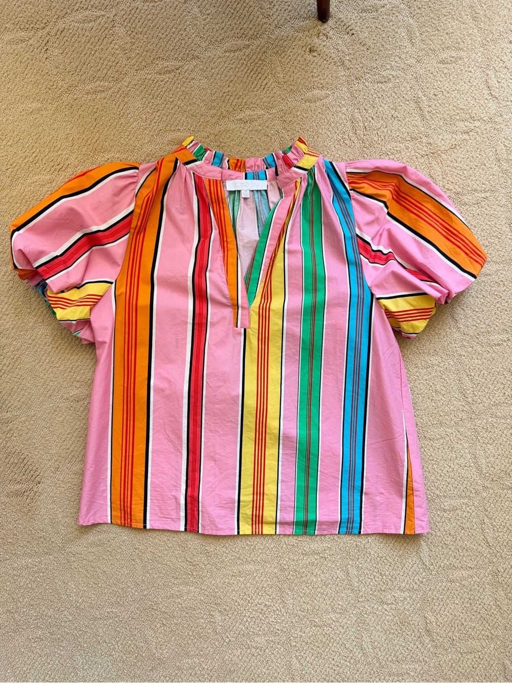 Sugarlips Pink Multicolor Striped Puff-Sleeve Top